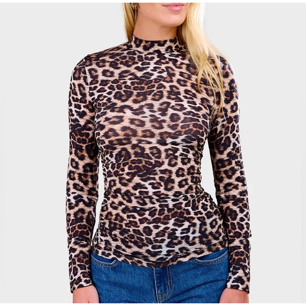 Farm Rio Leopard Print Mock Neck Jersey Top XL Fitted Long Sleeve